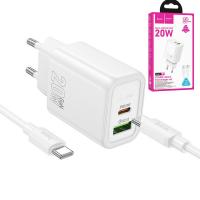 Wall Charger Hoco N61 20W 3A 1 x USB-A - 1 x USB-C with USB-C Cable White In Blister
