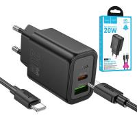 Wall Charger Hoco N61 20W 3A 1 x USB-A - 1 x USB-C with USB-C Cable Black in Blister