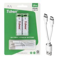 TCBEST Rechargable Battery R6 (AA) 2713 mAh With Socket Type C + Cable USB A To 2 x Type C 2 Pcs In Blister
