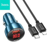 Car charger Hoco USB A + USB C QC3.0 PD 3A 48W With Digital Display + Cable USB C To Lightning Z50 Metal Grey