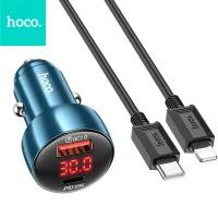 Car charger Hoco USB A + USB C QC3.0 PD 3A 48W With Digital Display + Cable USB C To Lightning Z50 Metal Grey