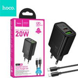 Hoco Charger N61 Gentle 2 Ports USB+Type-C PD20W GAN With Type-C To Type-C Cable 1M Black In Blister