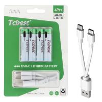 TCBEST Rechargable Battery R3 (AAA) 400 mAh With Socket Type C + Cable USB A to 4 x Type C 4 Pcs In Blister