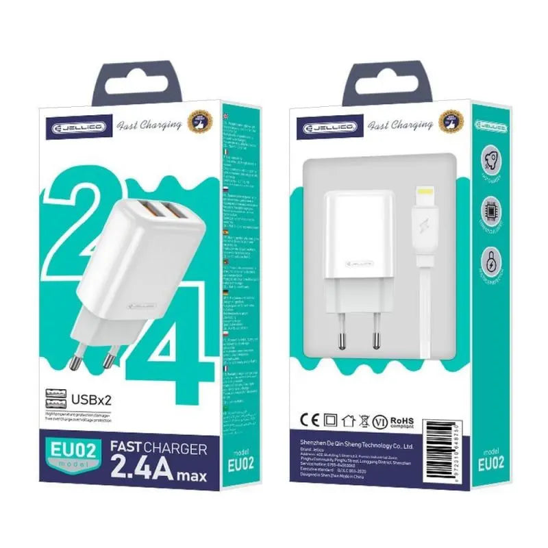 JELLICO Travel charger - EU02 2.4A 2 x USB + lightning set white IN BOX