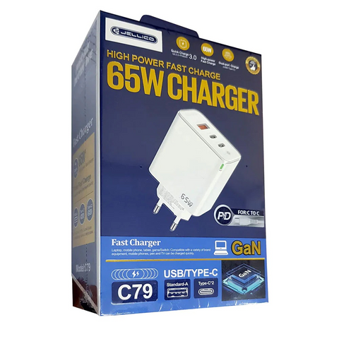 JELLICO Travel charger - C79 GaN 65W PD 2 x USB-C + USB3.0 + cable PD USB-C to lightning set white